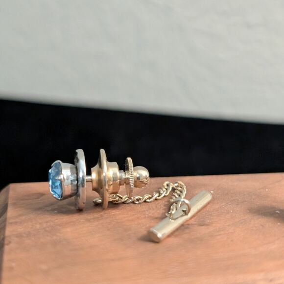 Two Blue Crystal Silvertone Tie Tacks (One by Swank) - Picture 6 of 6